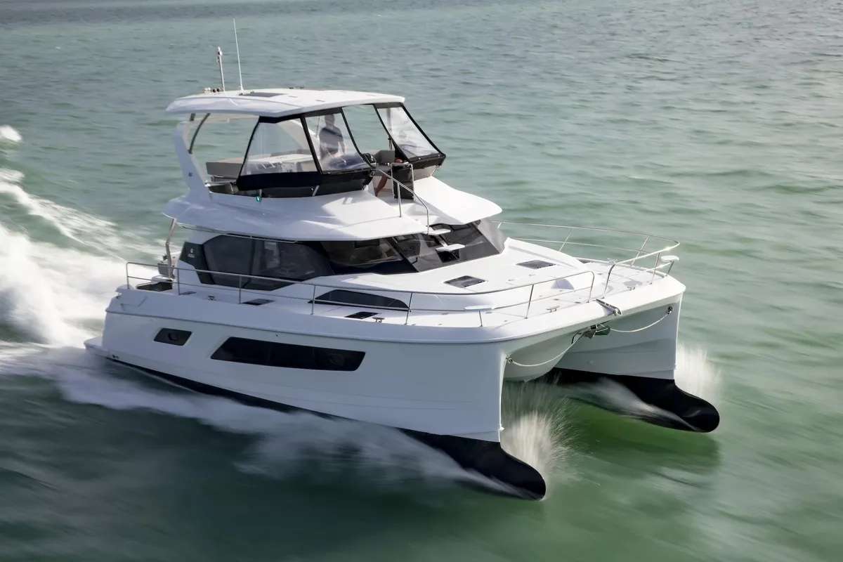 Exterior view of A44, a Aquila 44 Yacht catamaran at Cannigione, Italy