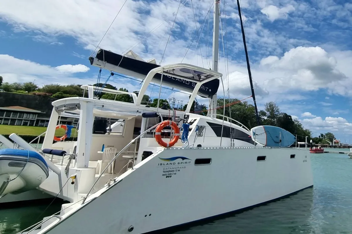 Exterior view of Kaya, a Island Spirit 410 catamaran at Mai Khao, Thailand