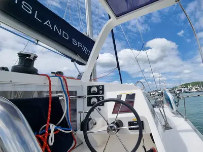 Cockpit of Kaya, a Island Spirit 410 catamaran at Mai Khao, Thailand