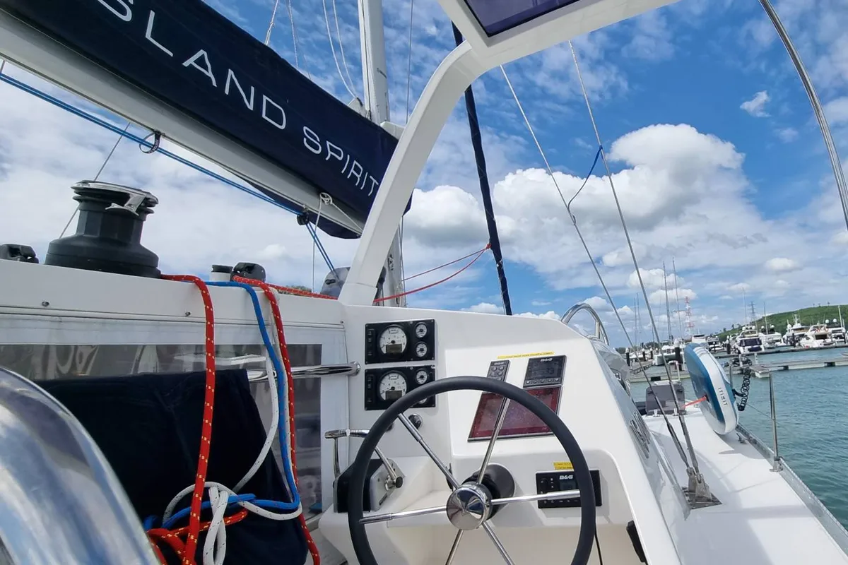 Cockpit of Kaya, a Island Spirit 410 catamaran at Mai Khao, Thailand