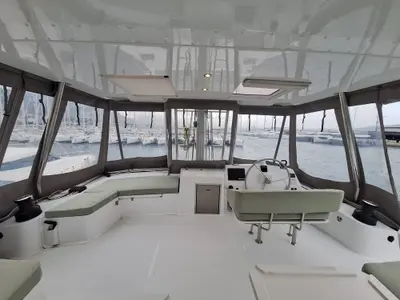 Cockpit of Gemini, a Bali 5.4 catamaran at Kaštela, Croatia