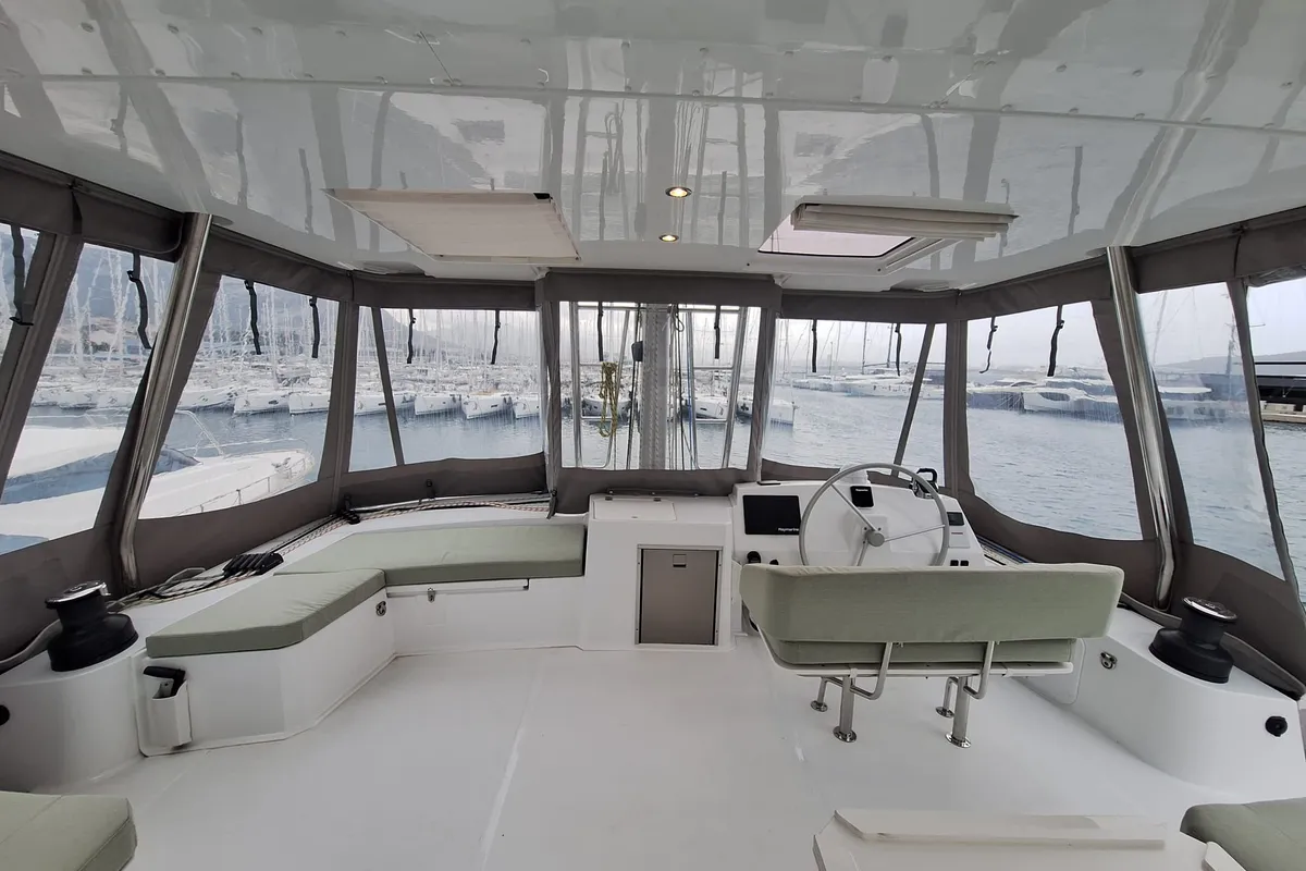 Cockpit of Gemini, a Bali 5.4 catamaran at Kaštela, Croatia