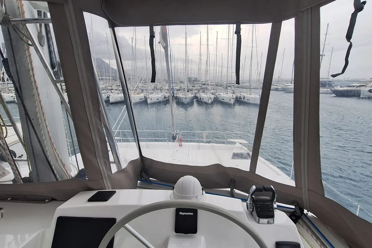 Cockpit of Gemini, a Bali 5.4 catamaran at Kaštela, Croatia
