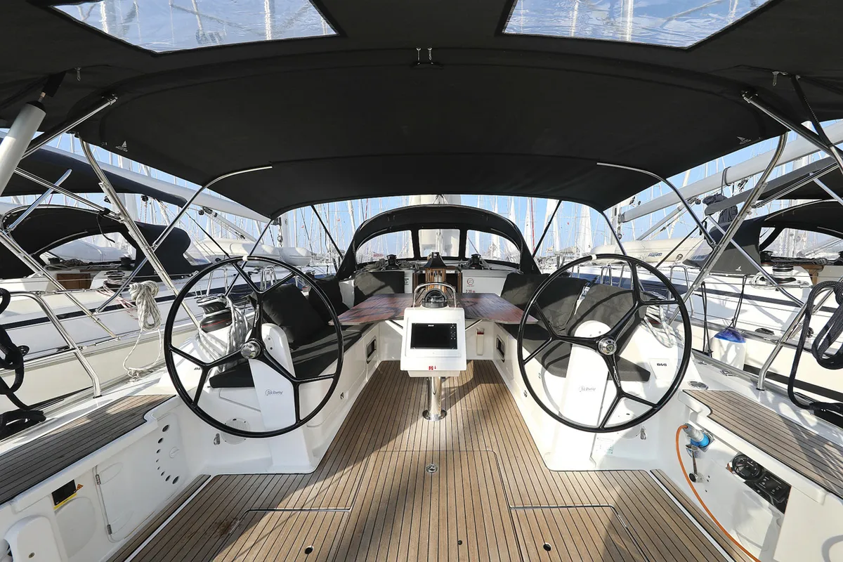 Cockpit of Rocky I, a Bavaria Cruiser 46 sailboat at Grad Trogir, Croatia