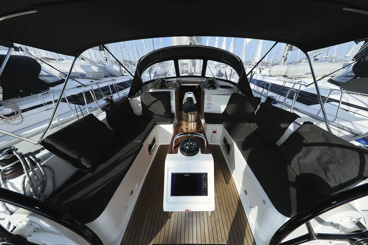 Cockpit of Rocky I, a Bavaria Cruiser 46 sailboat at Grad Trogir, Croatia