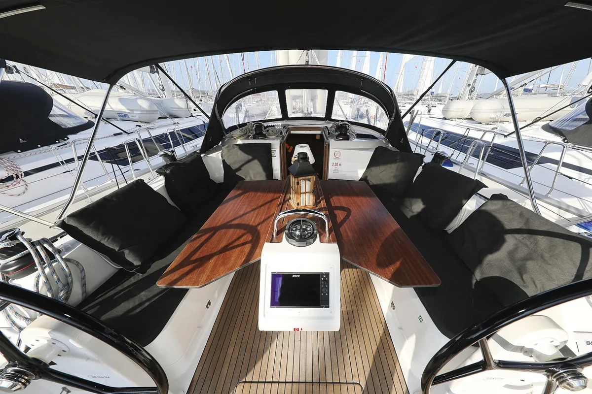 Cockpit of Rocky I, a Bavaria Cruiser 46 sailboat at Grad Trogir, Croatia