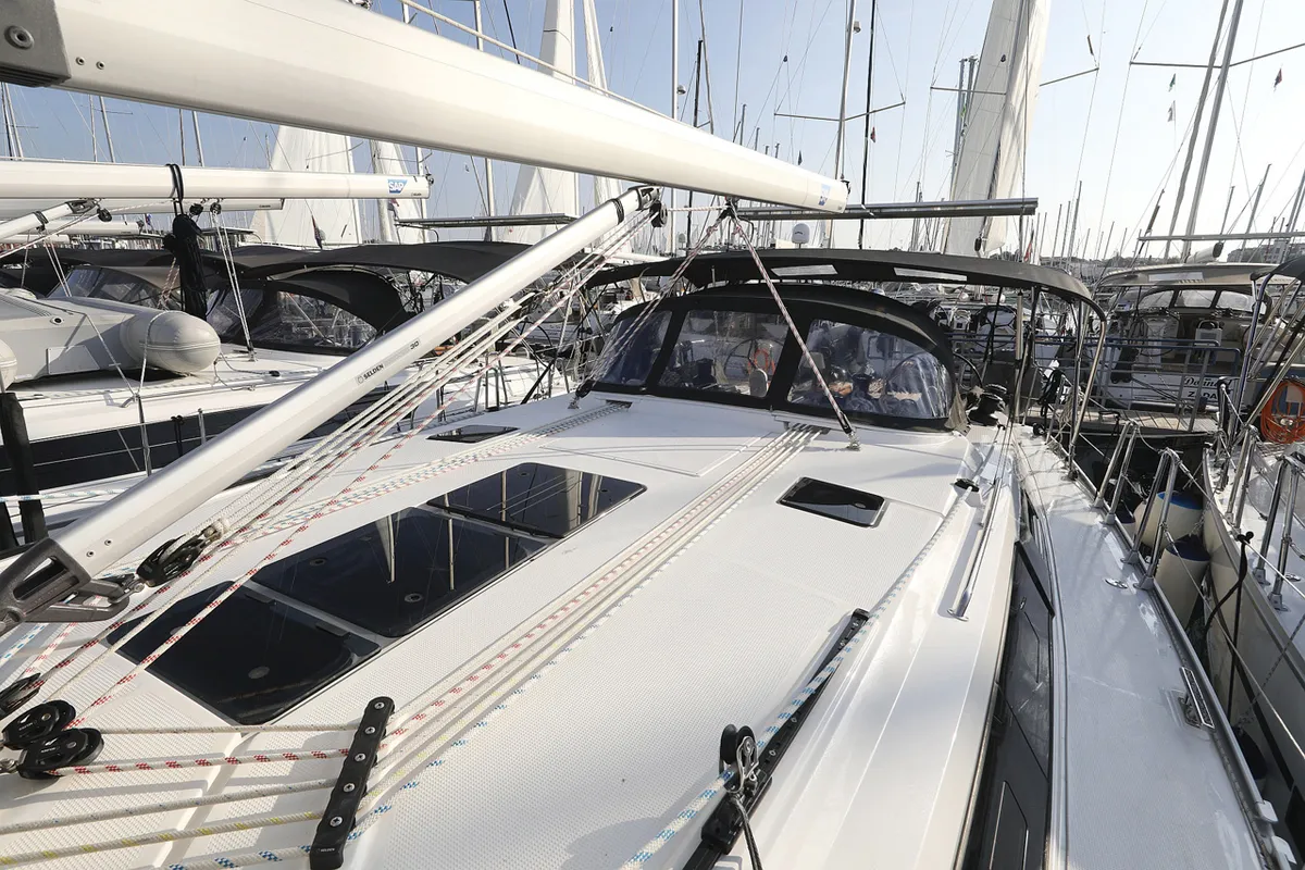 Exterior view of Rocky I, a Bavaria Cruiser 46 sailboat at Grad Trogir, Croatia