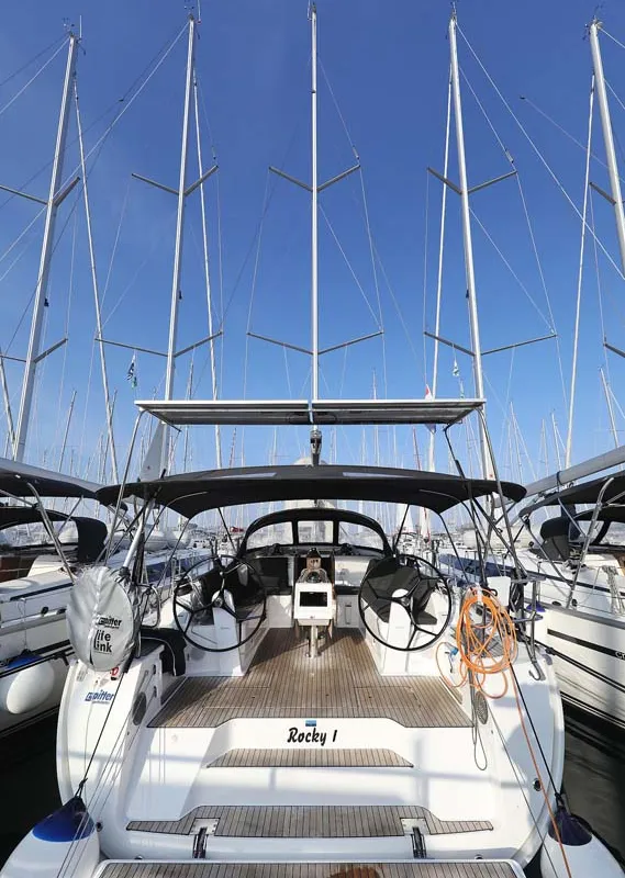 Cockpit of Rocky I, a Bavaria Cruiser 46 sailboat at Grad Trogir, Croatia