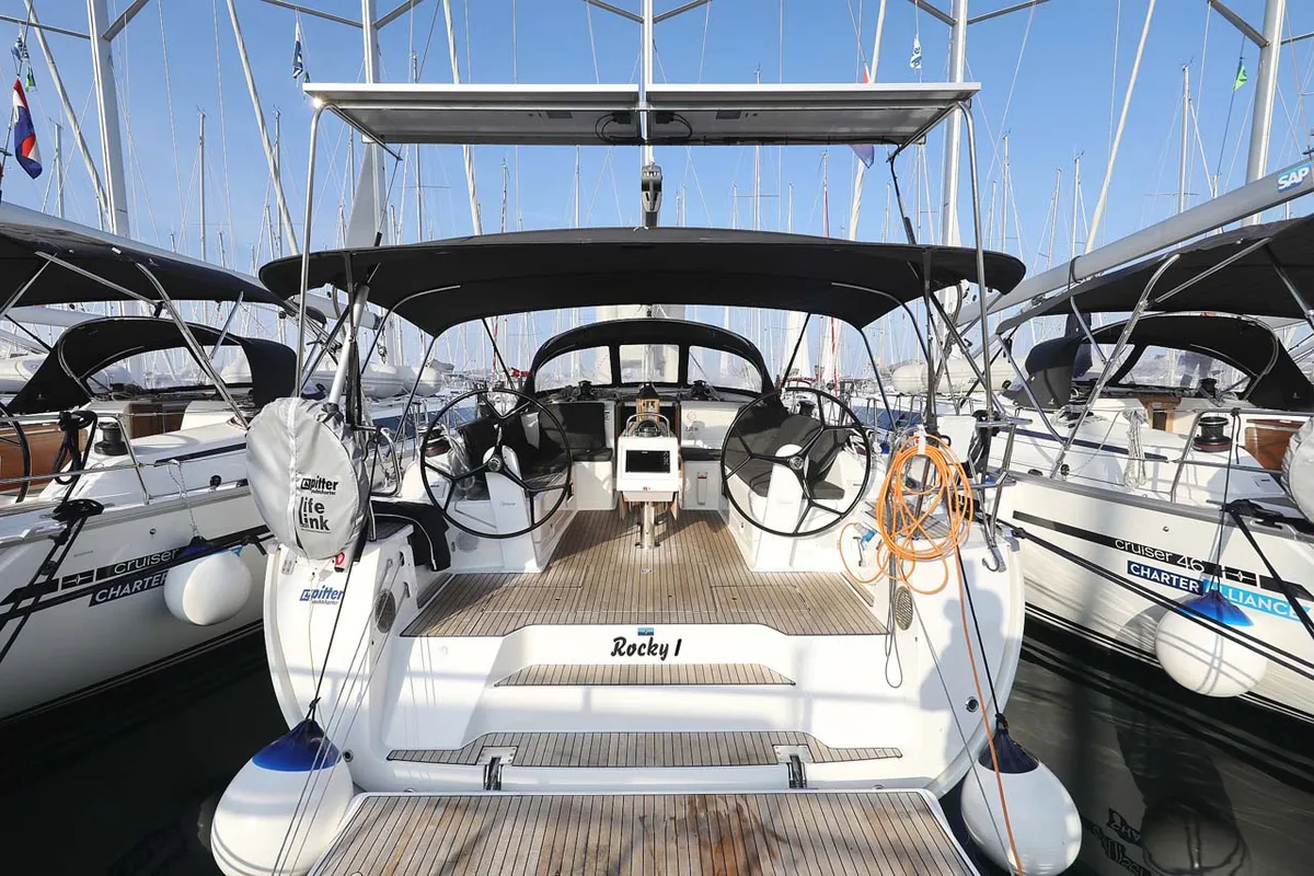 Cockpit of Rocky I, a Bavaria Cruiser 46 sailboat at Grad Trogir, Croatia