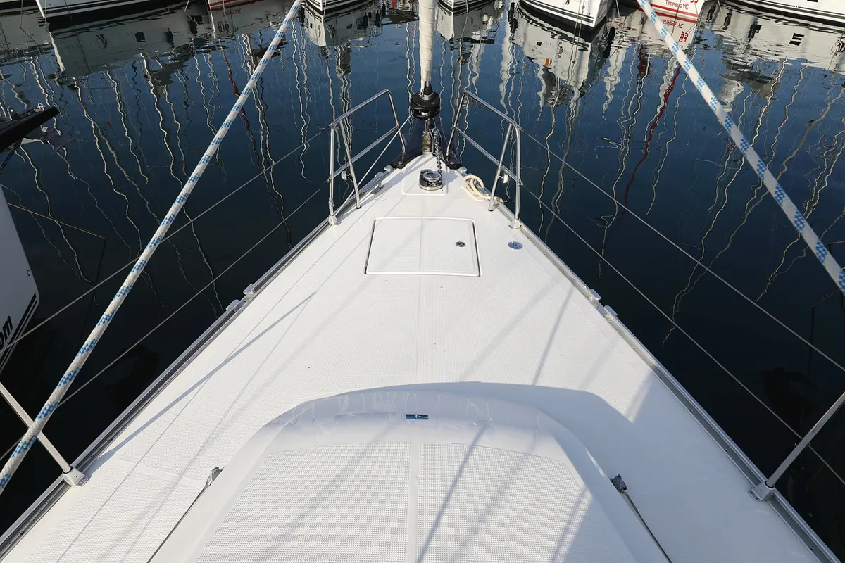 Deck of Rocky I, a Bavaria Cruiser 46 sailboat at Grad Trogir, Croatia