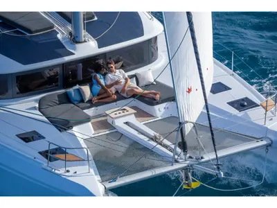 Deck of Margeo XIX, a Lagoon 51 catamaran at Athens, Greece