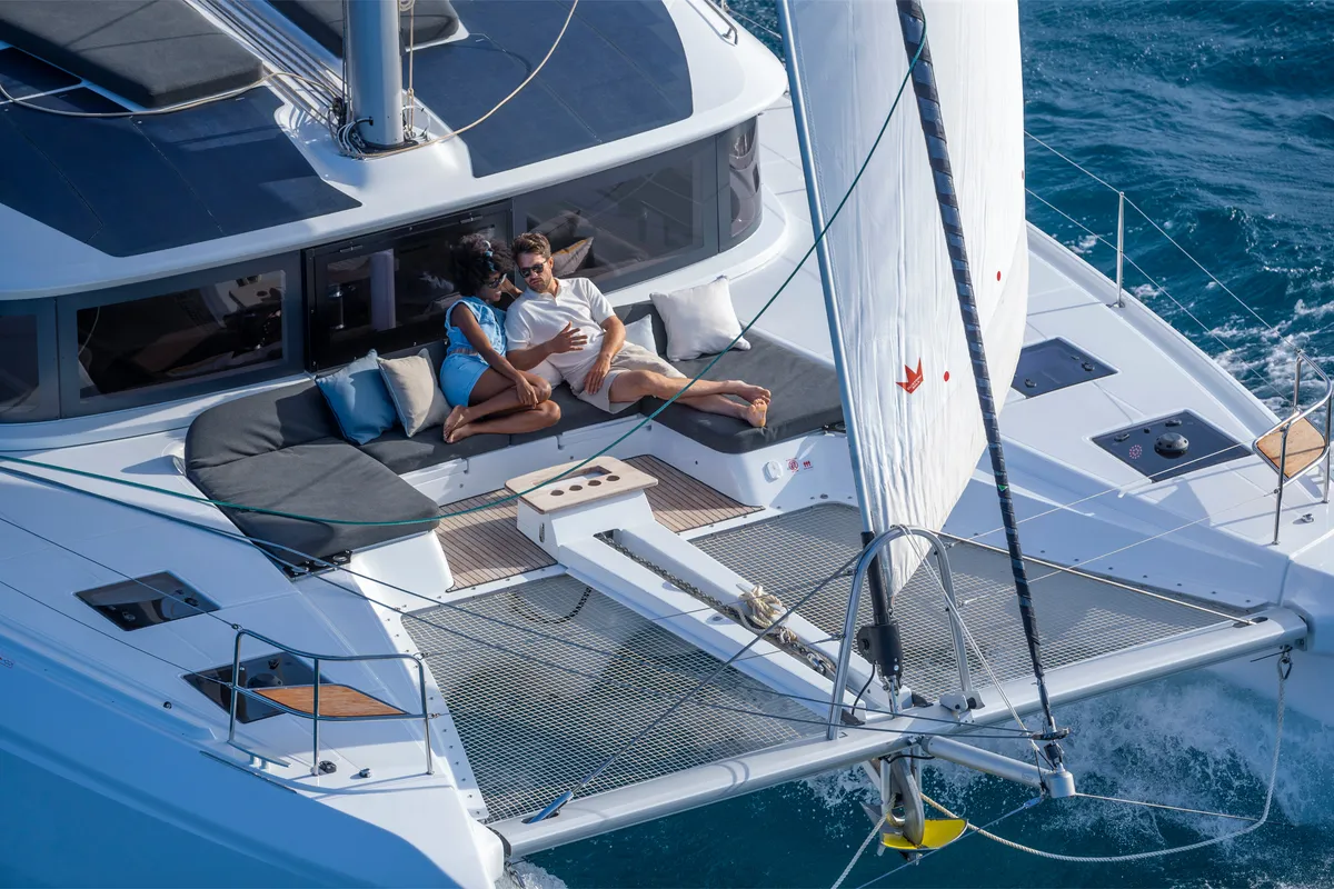Deck of Margeo XIX, a Lagoon 51 catamaran at Athens, Greece