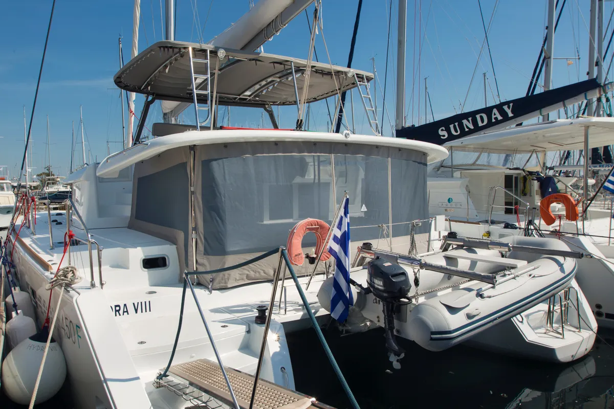 HYDRAVIII, a Lagoon 450 Fly catamaran at Athens, Greece
