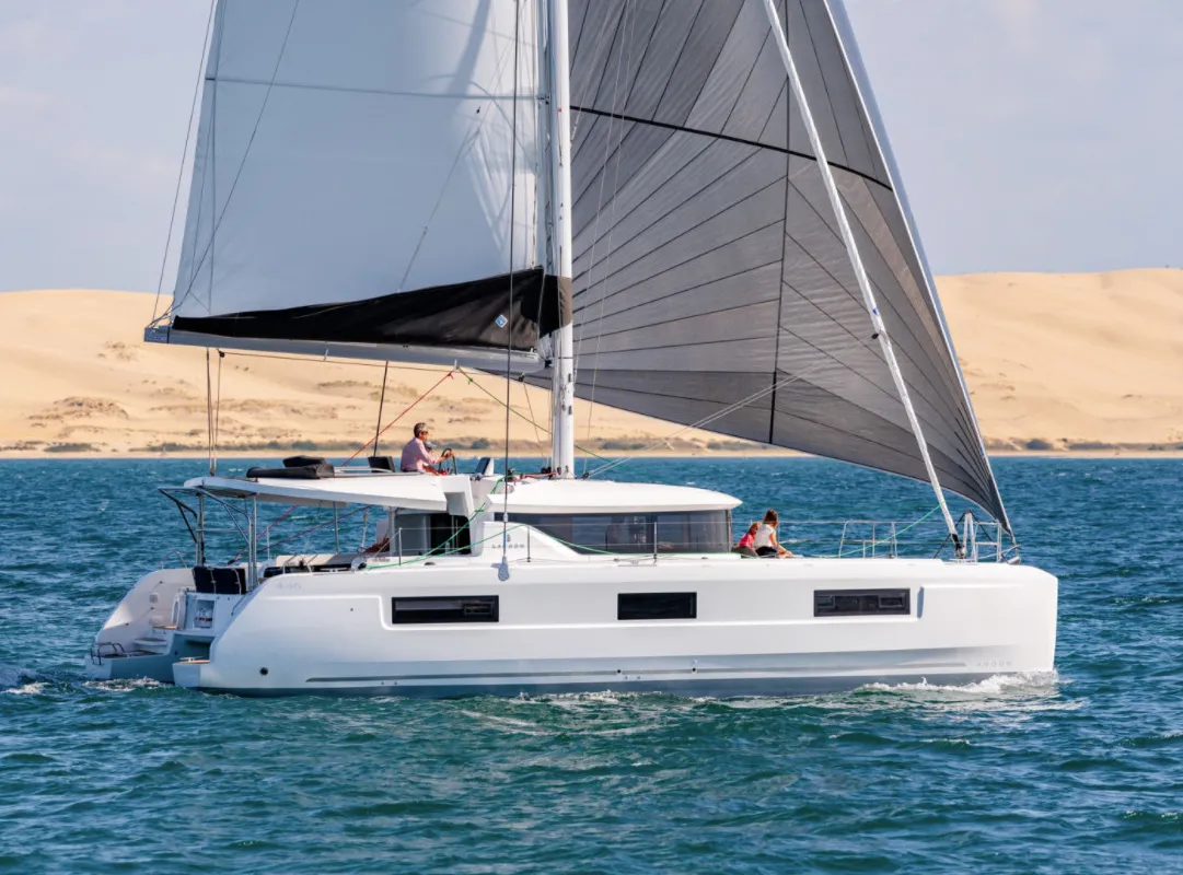 Exterior view of Overseas, a Lagoon 46 catamaran at Thira, Greece