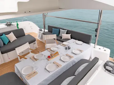 Deck of Overseas, a Lagoon 46 catamaran at Thira, Greece
