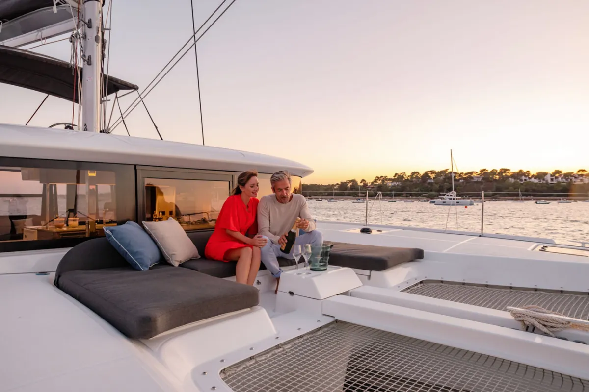 Deck of Overseas, a Lagoon 46 catamaran at Thira, Greece