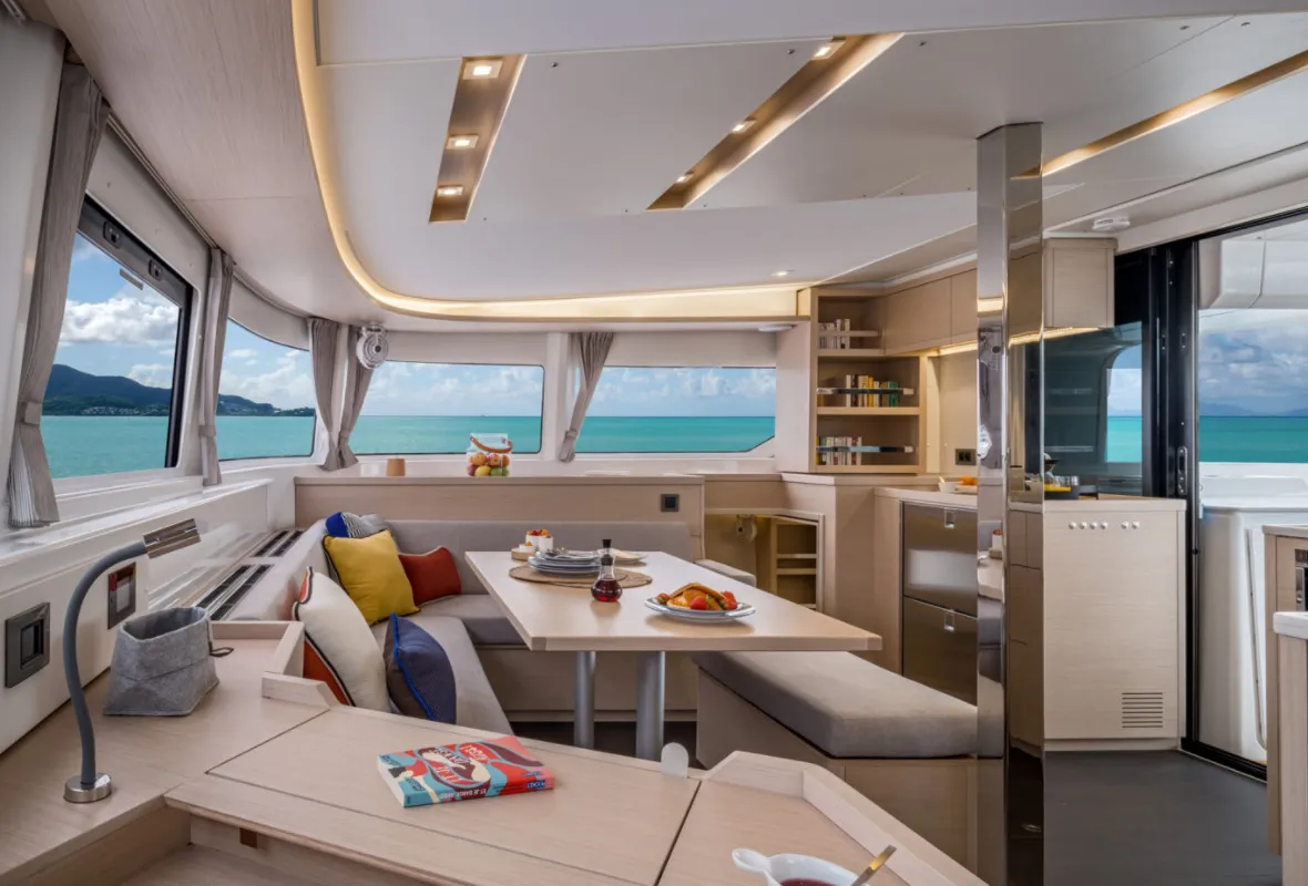 Salon of Overseas, a Lagoon 46 catamaran at Thira, Greece