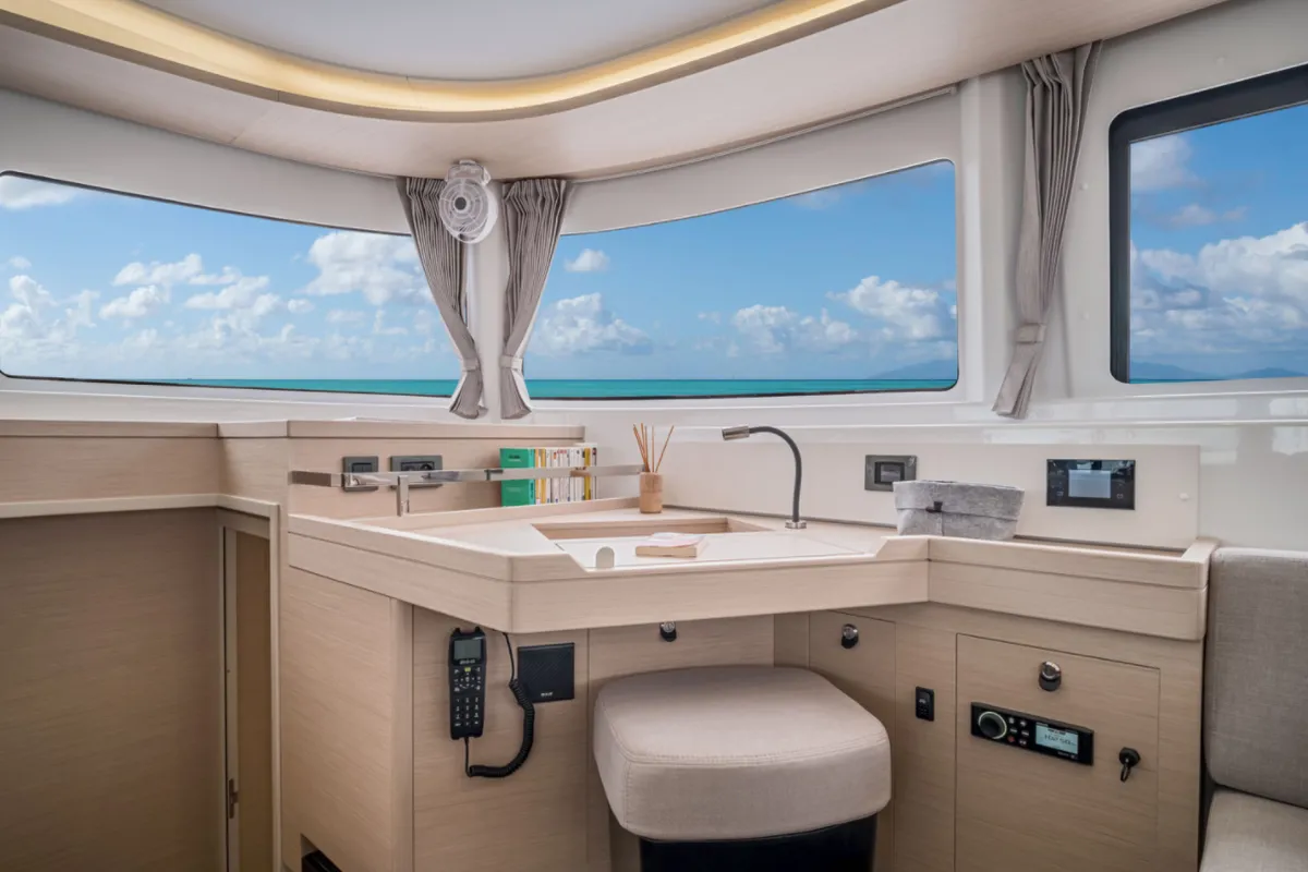 Salon of Overseas, a Lagoon 46 catamaran at Thira, Greece