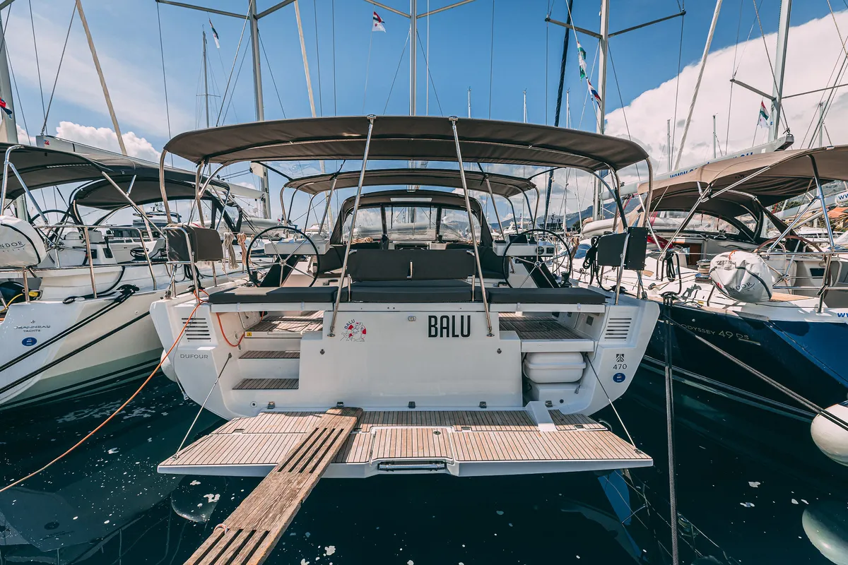 Exterior view of BALU, a Dufour 470 sailboat at Kaštela, Croatia