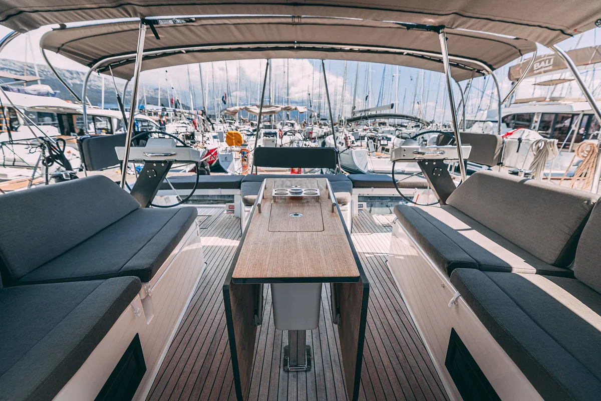 Cockpit of BALU, a Dufour 470 sailboat at Kaštela, Croatia