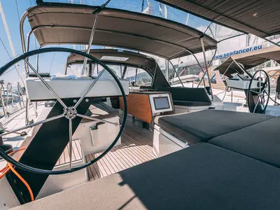 Cockpit of BALU, a Dufour 470 sailboat at Kaštela, Croatia