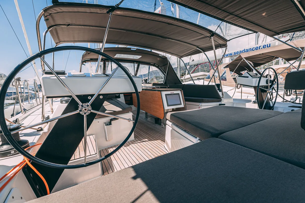 Cockpit of BALU, a Dufour 470 sailboat at Kaštela, Croatia