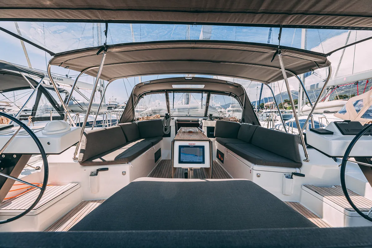 Cockpit of BALU, a Dufour 470 sailboat at Kaštela, Croatia