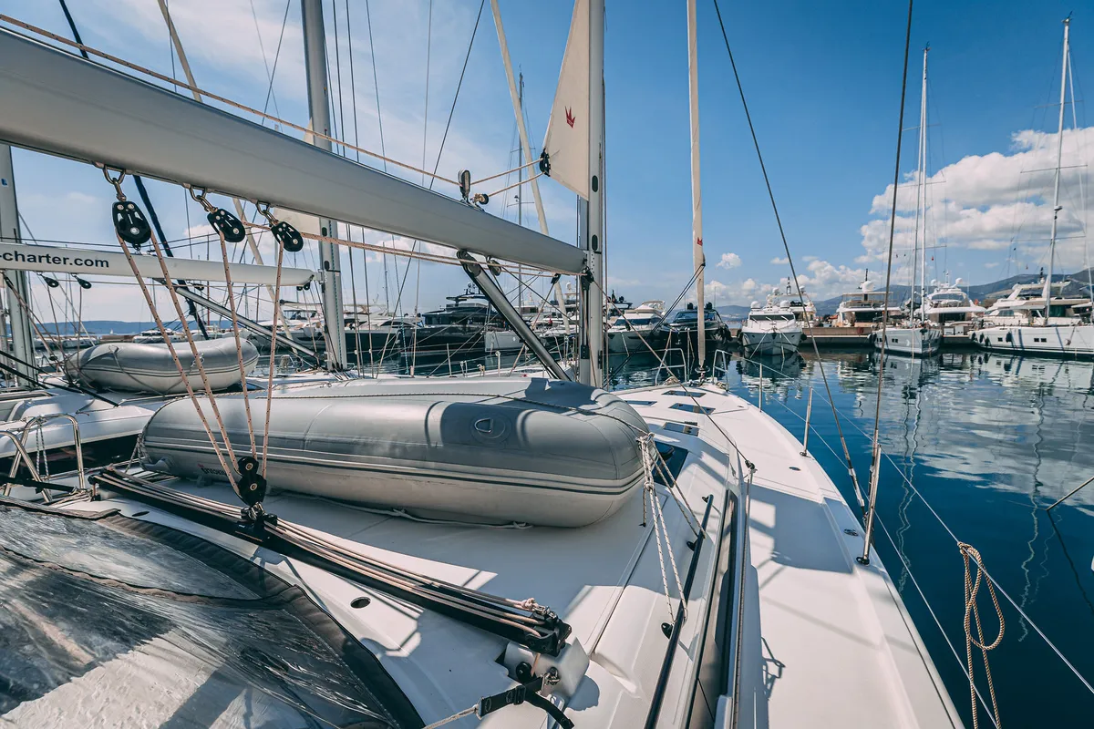 Exterior view of BALU, a Dufour 470 sailboat at Kaštela, Croatia