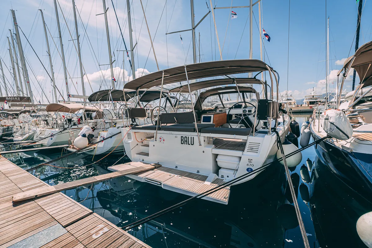 Exterior view of BALU, a Dufour 470 sailboat at Kaštela, Croatia