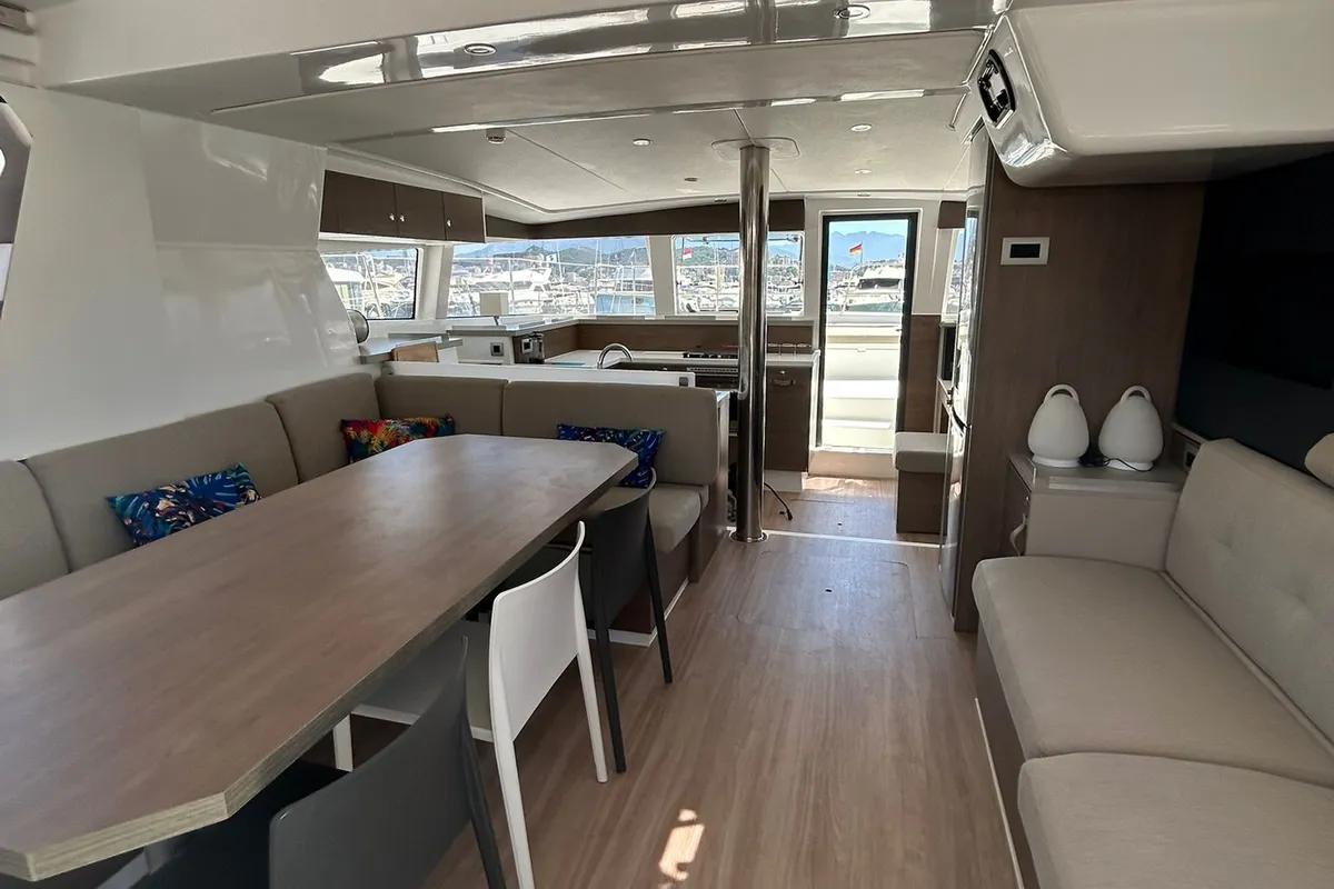Salon of Dytick, a Bali 4.2 OW catamaran at Hyères, France