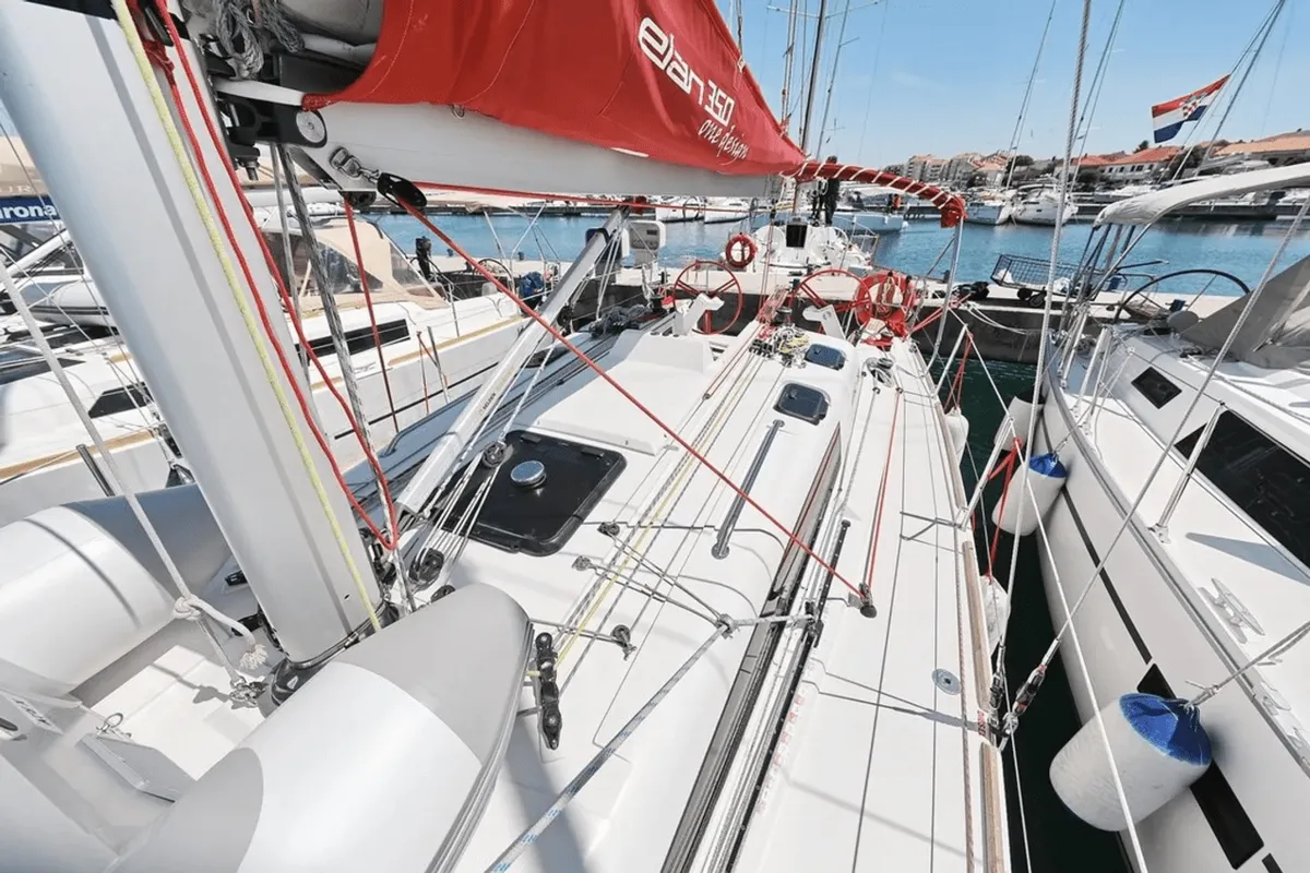 Deck of Euphoria, a Elan 350 Performance sailboat at Punat, Croatia
