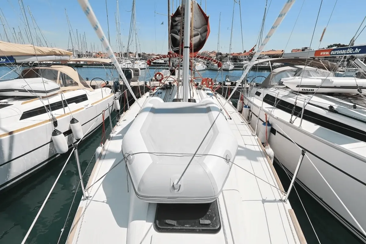 Deck of Euphoria, a Elan 350 Performance sailboat at Punat, Croatia
