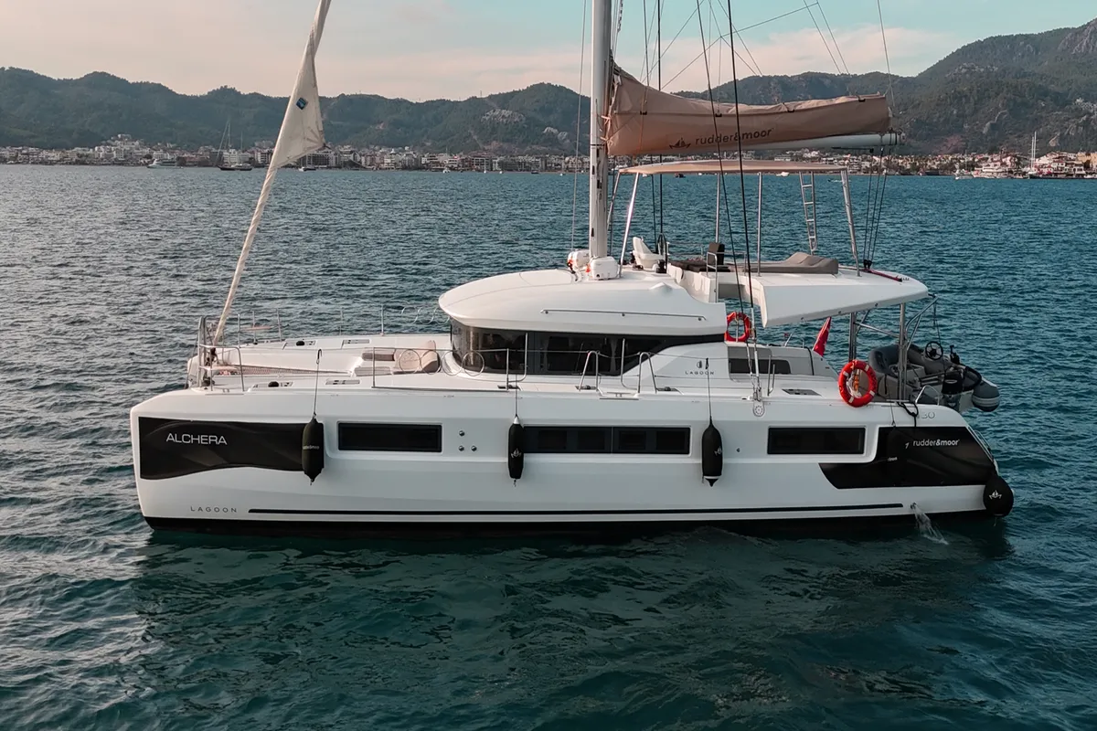 Alchera, a Lagoon 50 catamaran at Marmaris, Turkey
