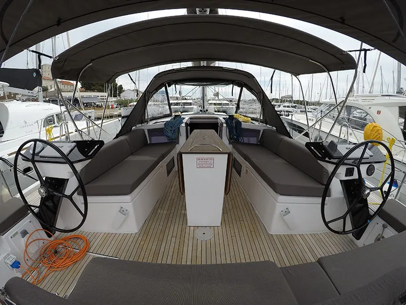 Cockpit of Moma, a Dufour 41 sailboat at Grad Šibenik, Croatia