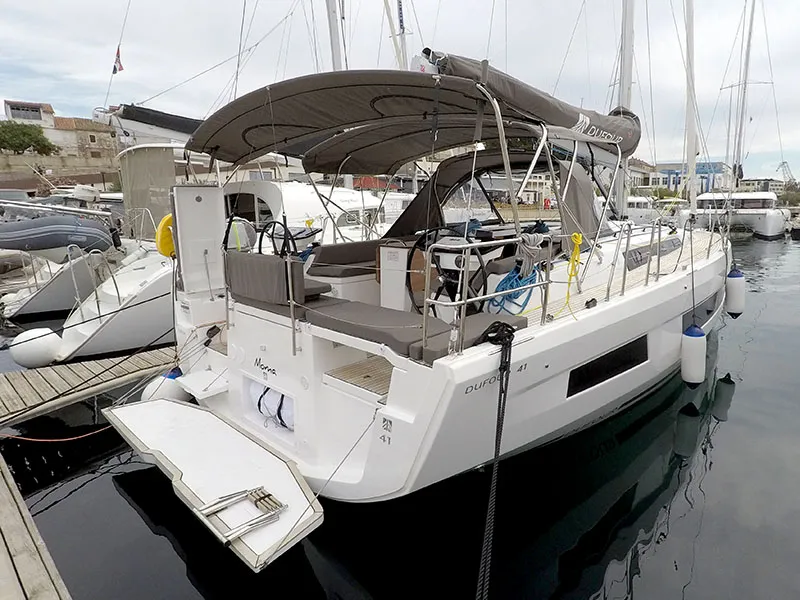 Exterior view of Moma, a Dufour 41 sailboat at Grad Šibenik, Croatia