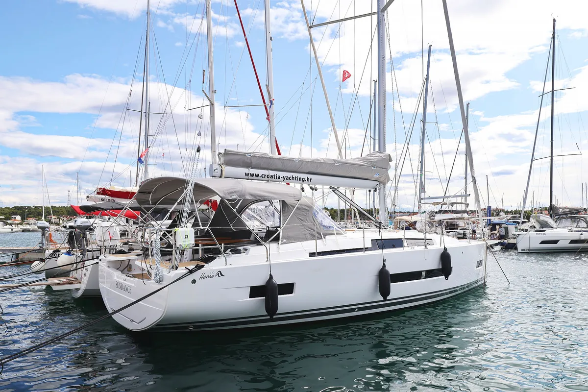 Exterior view of Sundance, a Hanse 410 sailboat at Grad Biograd na Moru, Croatia