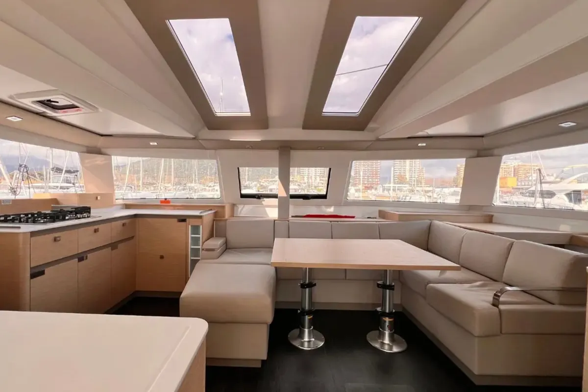 Salon of Santuzza, a Fountaine Pajot Elba 45 catamaran at Cagliari, Italy