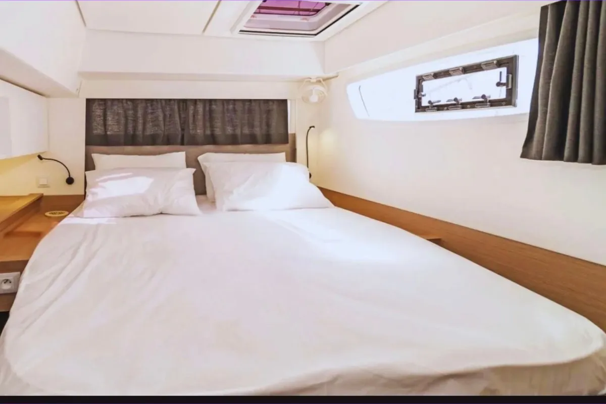 Cabin on Santuzza, a Fountaine Pajot Elba 45 catamaran at Cagliari, Italy