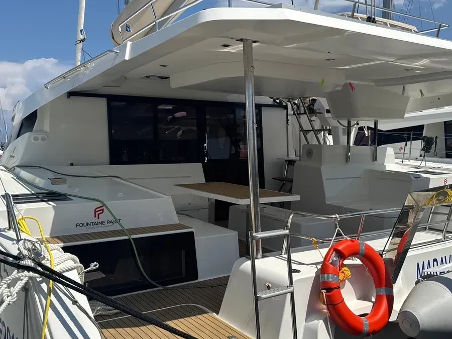 Deck of Santuzza, a Fountaine Pajot Elba 45 catamaran at Cagliari, Italy