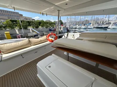 Deck of Santuzza, a Fountaine Pajot Elba 45 catamaran at Cagliari, Italy
