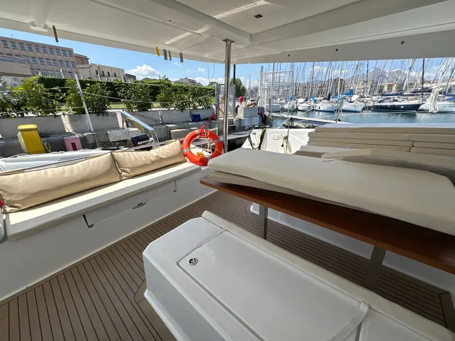 Deck of Santuzza, a Fountaine Pajot Elba 45 catamaran at Cagliari, Italy