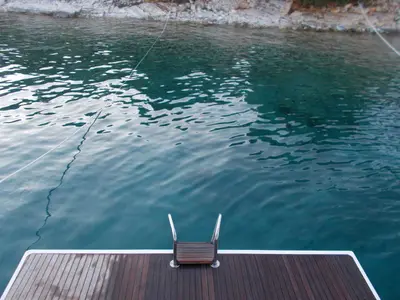 Deck of Lina, a Bavaria Cruiser 51 Style sailboat at Kontokali, Greece