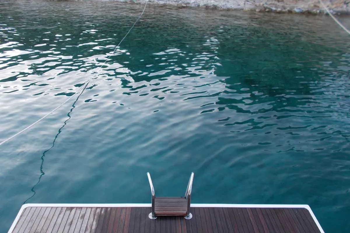 Deck of Lina, a Bavaria Cruiser 51 Style sailboat at Kontokali, Greece