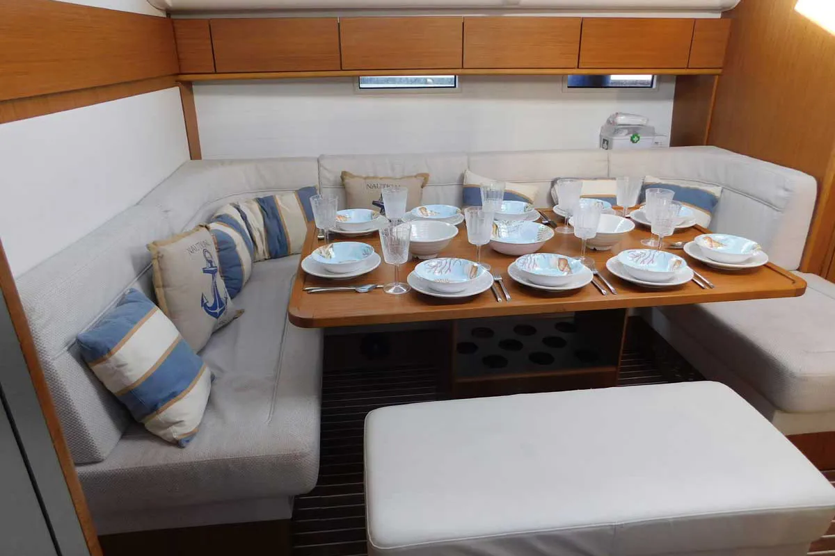 Salon of Lina, a Bavaria Cruiser 51 Style sailboat at Kontokali, Greece