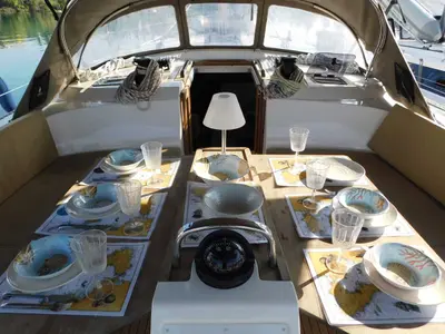 Cockpit of Lina, a Bavaria Cruiser 51 Style sailboat at Kontokali, Greece