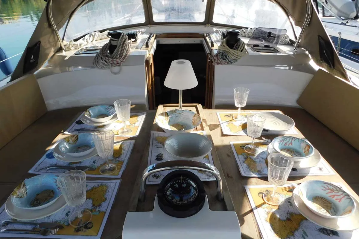 Cockpit of Lina, a Bavaria Cruiser 51 Style sailboat at Kontokali, Greece