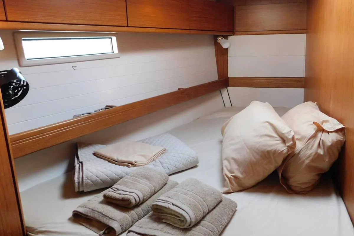 Cabin on Lina, a Bavaria Cruiser 51 Style sailboat at Kontokali, Greece