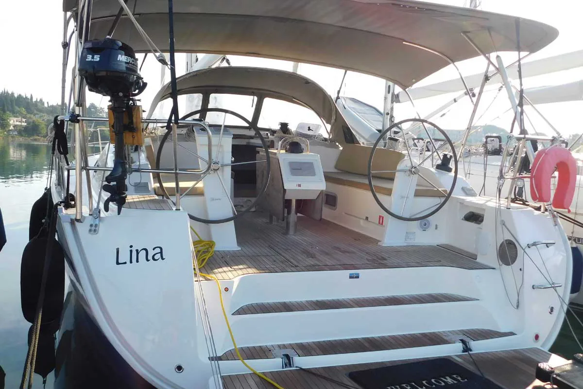 Exterior view of Lina, a Bavaria Cruiser 51 Style sailboat at Kontokali, Greece