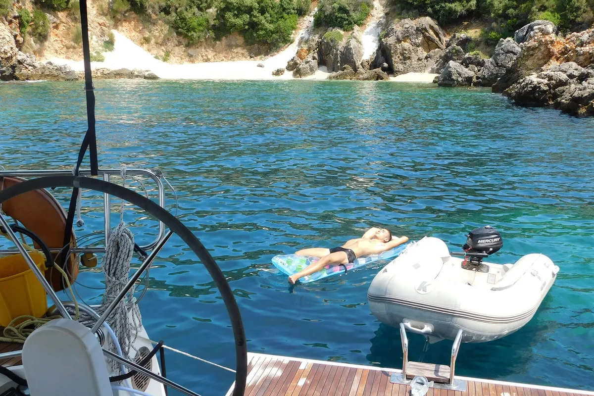 Exterior view of Lina, a Bavaria Cruiser 51 Style sailboat at Kontokali, Greece