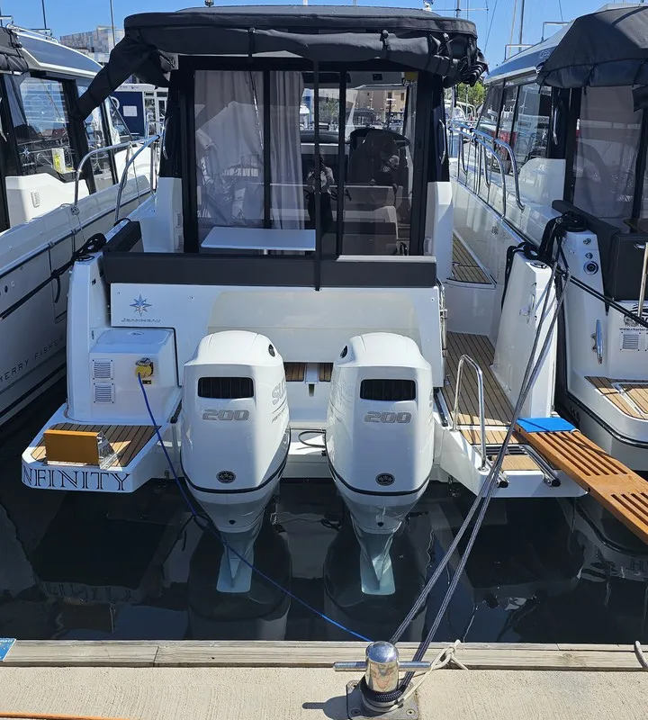 Exterior view of Infinity, a Jeanneau Merry Fisher 895 motorboat at Grad Biograd na Moru, Croatia
